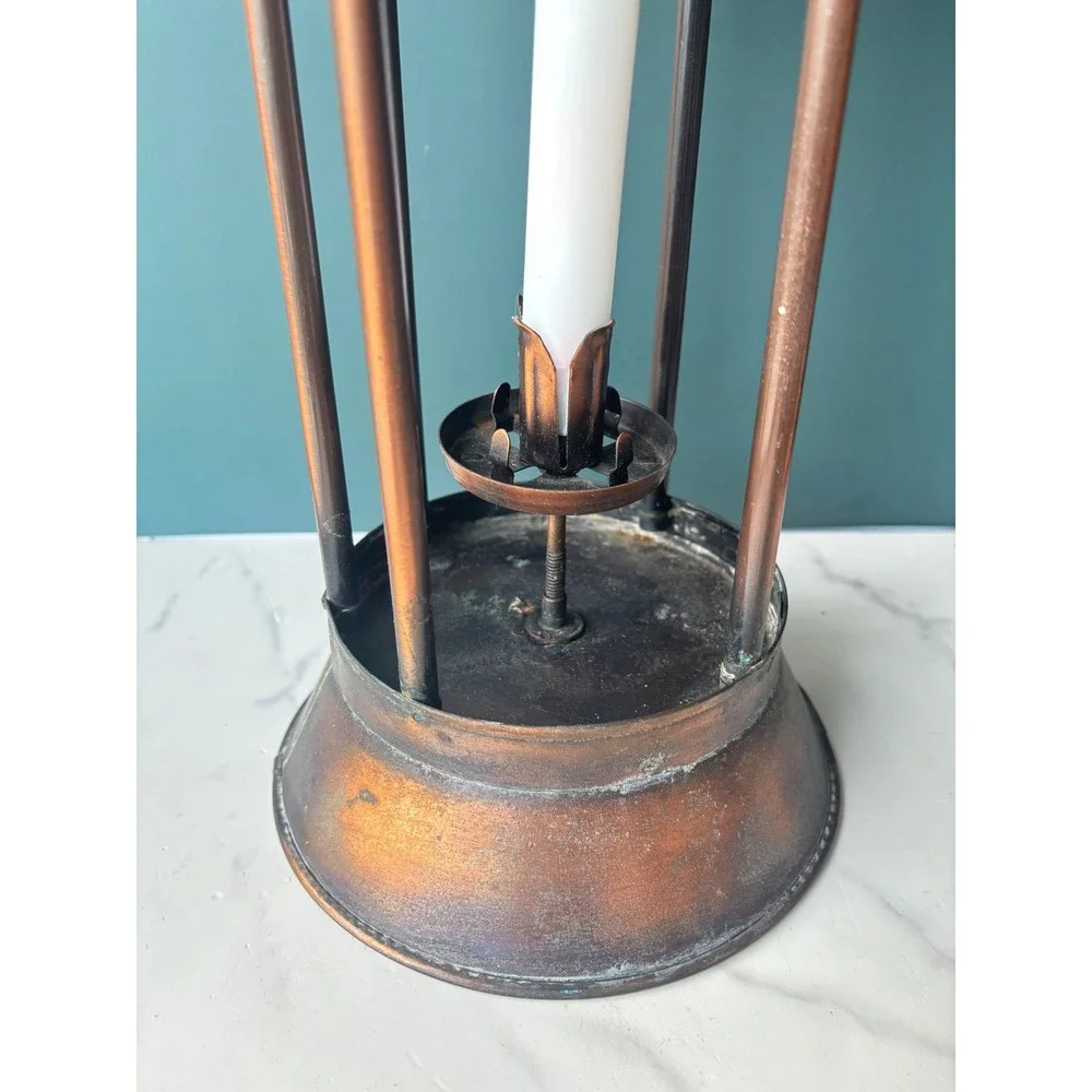 Vintage Copper Candle Lantern Rustic Farmhouse Decor Floral Ceramic Handle